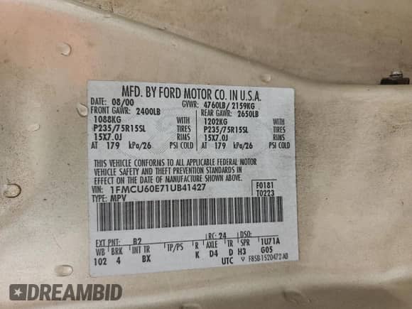 2001 Ford Explorer with VIN 1FMCU60E71UB41427, listed as a Copart auction lot 43084394 with 199,692 mi miles and Salvage title. Bid and sale history available at DreamBid. Image 13.