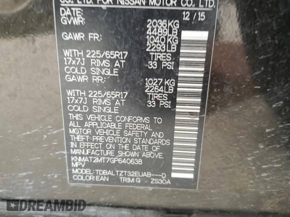 2016 Nissan Rogue SV with VIN KNMAT2MT7GP640638, listed as a Copart auction lot 61145035 with Not provided miles and Salvage title. Bid and sale history available at DreamBid. Image 12.