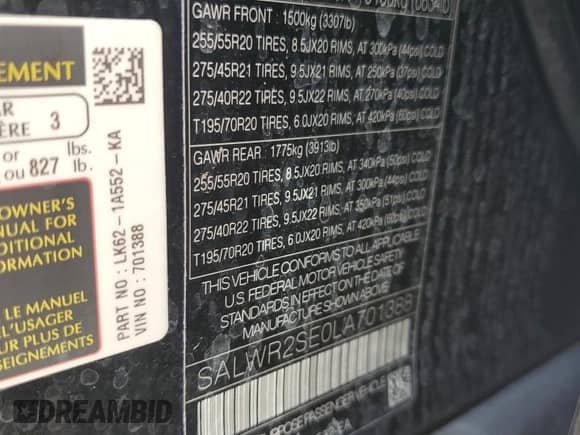 2020 Land Rover Range Rover Sport HSE Dynamic с VIN SALWR2SE0LA701388, выставлен на аукционе Copart как лот 63479295 с пробегом 59 504 миль миль и Списание • Salvage title. История ставок и продаж доступна на DreamBid. Изображение 14.