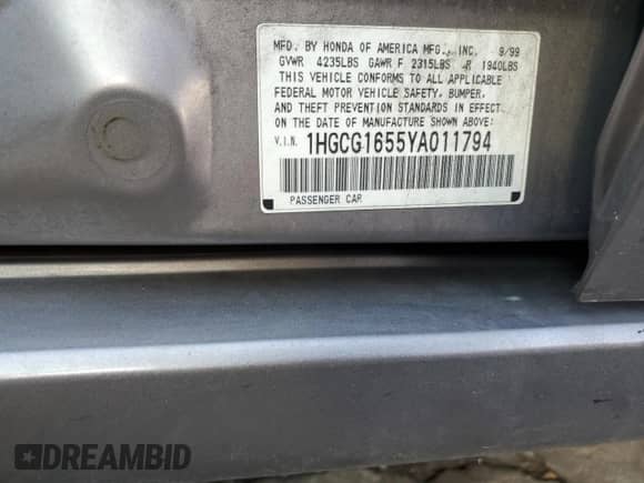 2000 Honda Accord EX with VIN 1HGCG1655YA011794, listed as a Copart auction lot 89843685 with 172,418 mi miles and Clean title. Bid and sale history available at DreamBid. Image 12.