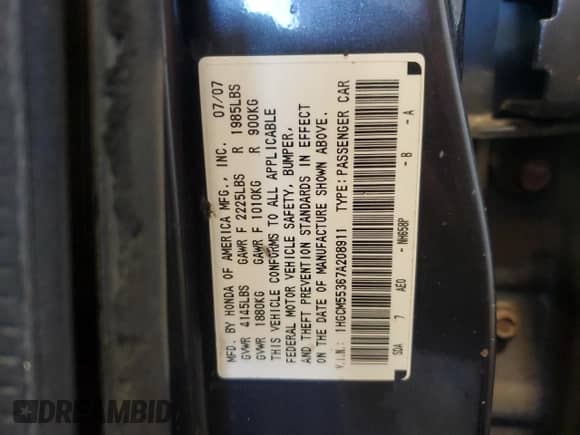 2007 Honda Accord LX SE with VIN 1HGCM55367A208911, listed as a Copart auction lot 90032495 with 230,551 mi miles and Salvage title. Bid and sale history available at DreamBid. Image 12.