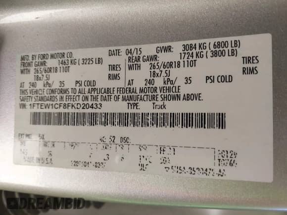 2015 Ford F-150 XL with VIN 1FTEW1CF8FKD20433, listed as a IAAI auction lot 43518401 with 176,409 mi miles and . Bid and sale history available at DreamBid. Image 9.