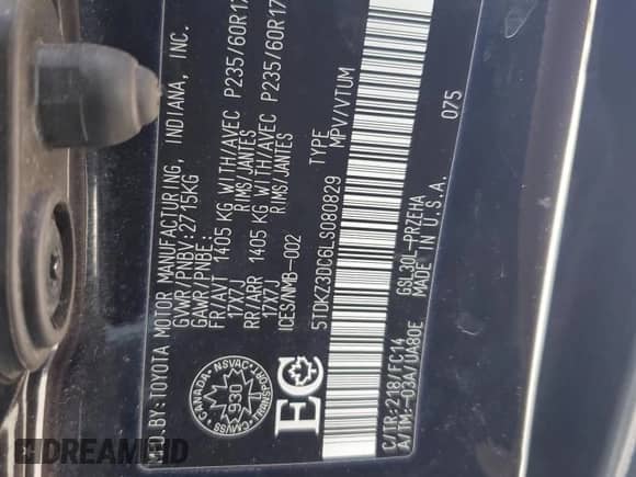 2020 Toyota Sienna LE Auto Access Seat with VIN 5TDKZ3DC6LS080829, listed as a Copart auction lot 68847735 with Not provided miles and Non repairable. Bid and sale history available at DreamBid. Image 14.