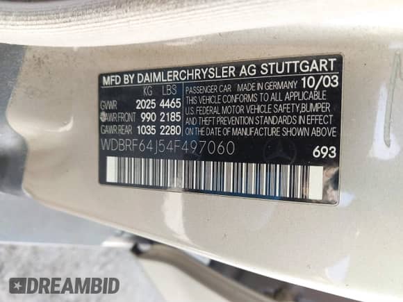 2004 Mercedes-Benz C 320 with VIN WDBRF64J54F497060, listed as a IAAI auction lot 41829238 with 204,205 mi miles and . Bid and sale history available at DreamBid. Image 9.
