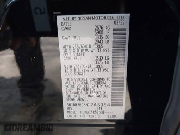 2022 Nissan Pathfinder SV с VIN 5N1DR3BC8NC245954, выставлен на аукционе IAAI как лот 42971970 с пробегом 41 289 миль миль и . История ставок и продаж доступна на DreamBid. Изображение 9.