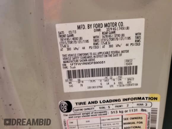 2013 Ford F-150 SVT Raptor with VIN 1FTFW1R69DFB90051, listed as a Copart auction lot 69291505 with 116,985 mi miles and Clean title. Bid and sale history available at DreamBid. Image 12.