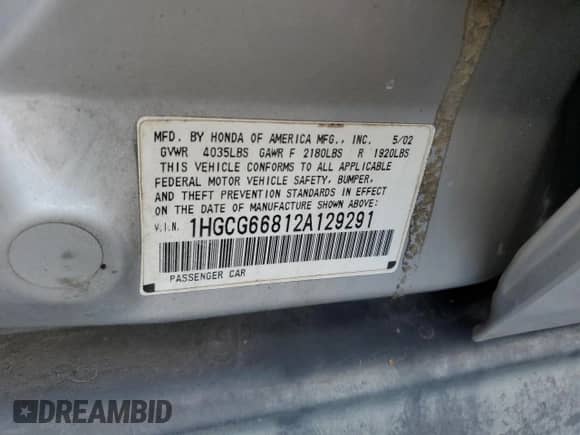 2002 Honda Accord SE with VIN 1HGCG66812A129291, listed as a Copart auction lot 86547365 with 155,526 mi miles and Salvage title. Bid and sale history available at DreamBid. Image 12.