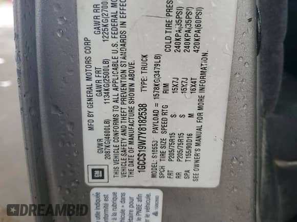 2000 Chevrolet S-10 LS z VIN 1GCCS19W7Y8182538, wystawiony jako Copart lot #60252655 z przebiegiem 354 533 mil mil oraz Szkoda całkowita • Salvage title. Historia ofert i sprzedaży dostępna na DreamBid. Obrazek 12.