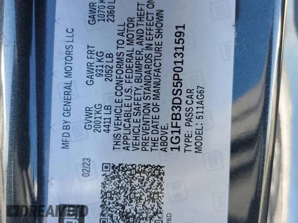 2023 Chevrolet Camaro 1LT z VIN 1G1FB3DS5P0131591, wystawiony jako Copart lot #76425024 z przebiegiem Nie podano mil oraz Szkoda całkowita • Salvage title. Historia ofert i sprzedaży dostępna na DreamBid. Obrazek 12.