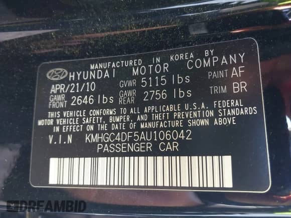2010 Hyundai Genesis with VIN KMHGC4DF5AU106042, listed as a IAAI auction lot 41871529 with 296,307 mi miles and . Bid and sale history available at DreamBid. Image 9.