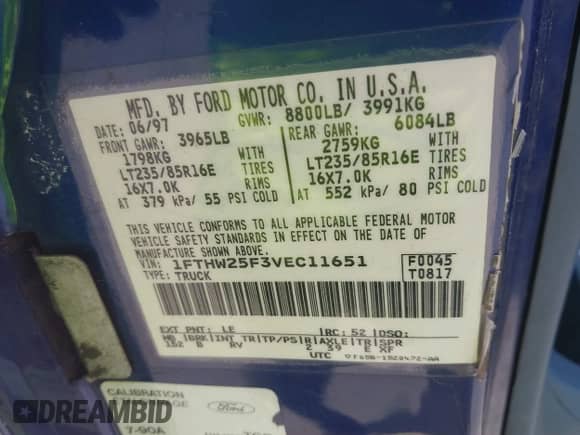 1997 Ford F-250 with VIN 1FTHW25F3VEC11651, listed as a IAAI auction lot 42608096 with Not provided miles and . Bid and sale history available at DreamBid. Image 9.