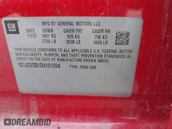 2013 Chevrolet Sonic LT с VIN 1G1JC6SB1D4151594, выставлен на аукционе IAAI как лот 43307963 с пробегом 156 115 миль миль и . История ставок и продаж доступна на DreamBid. Изображение 9.
