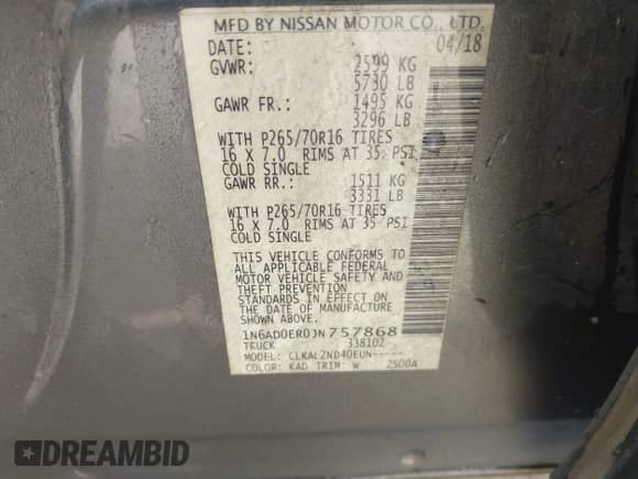 2018 Nissan Frontier SV with VIN 1N6AD0ER0JN757868, listed as a IAAI auction lot 43102856 with 52,445 mi miles and . Bid and sale history available at DreamBid. Image 9.