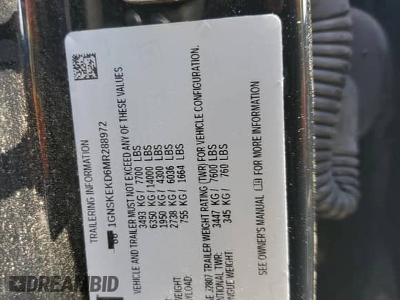 2021 Chevrolet Suburban RST с VIN 1GNSKEKD6MR288972, выставлен на аукционе Copart как лот 71386435 с пробегом 79 313 миль миль и Списание • Salvage title. История ставок и продаж доступна на DreamBid. Изображение 12.