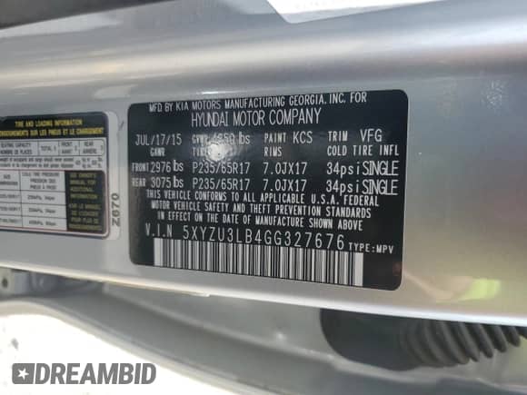 2016 Hyundai Santa Fe with VIN 5XYZU3LB4GG327676, listed as a Copart auction lot 67246265 with 79,237 mi miles and Salvage title. Bid and sale history available at DreamBid. Image 12.