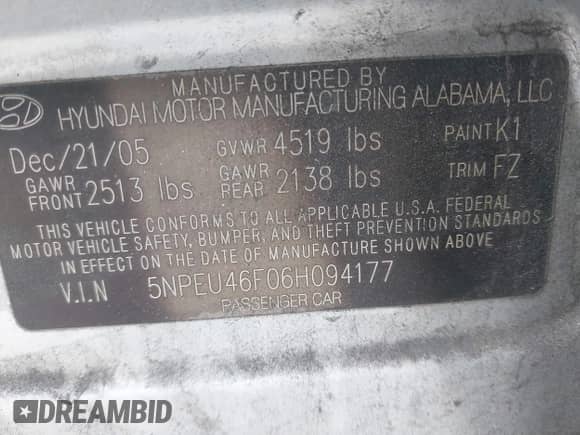 2006 Hyundai Sonata GLS z VIN 5NPEU46F06H094177, wystawiony jako IAAI lot #41209070 z przebiegiem 151 480 mil mil oraz . Historia ofert i sprzedaży dostępna na DreamBid. Obrazek 9.