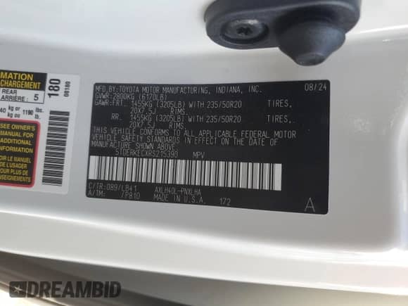 2024 Toyota Sienna Platinum с VIN 5TDERKECXRS215390, выставлен на аукционе Copart как лот 70778605 с пробегом 15 457 миль миль и Списание • Salvage title. История ставок и продаж доступна на DreamBid. Изображение 13.