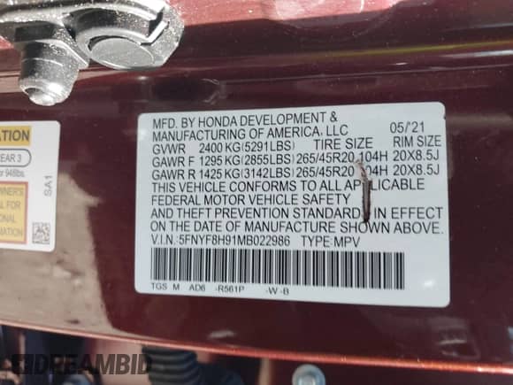2021 Honda Passport Touring z VIN 5FNYF8H91MB022986, wystawiony jako IAAI lot #42077321 z przebiegiem 20 497 mil mil oraz . Historia ofert i sprzedaży dostępna na DreamBid. Obrazek 9.