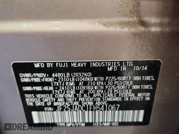 2015 Subaru Forester Premium z VIN JF2SJADC1FH541067, wystawiony jako Copart lot #70284455 z przebiegiem 155 432 mil mil oraz Nie do naprawy • Non repairable. Historia ofert i sprzedaży dostępna na DreamBid. Obrazek 13.