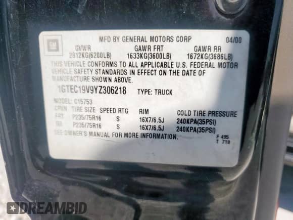 2000 GMC Sierra 1500 SLE z VIN 1GTEC19V9YZ306218, wystawiony jako Copart lot #81224535 z przebiegiem Nie podano mil oraz Szkoda całkowita • Salvage title. Historia ofert i sprzedaży dostępna na DreamBid. Obrazek 13.