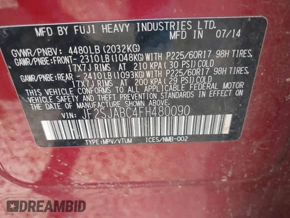 2015 Subaru Forester 2.5i z VIN JF2SJABC4FH480090, wystawiony jako IAAI lot #42559594 z przebiegiem 131 714 mil mil oraz . Historia ofert i sprzedaży dostępna na DreamBid. Obrazek 9.