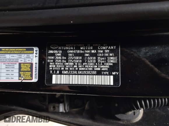 2019 Hyundai Tucson Sport z VIN KM8J33AL6KU938288, wystawiony jako IAAI lot #41849657 z przebiegiem 32 307 mil mil oraz . Historia ofert i sprzedaży dostępna na DreamBid. Obrazek 9.