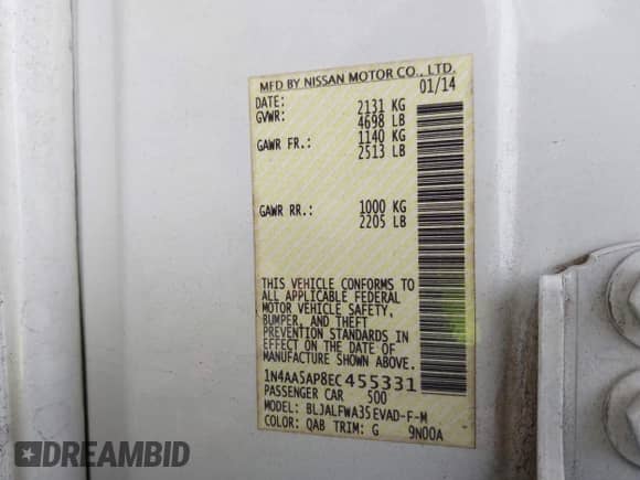 2014 Nissan Maxima S z VIN 1N4AA5AP8EC455331, wystawiony jako IAAI lot #43234592 z przebiegiem 191 688 mil mil oraz . Historia ofert i sprzedaży dostępna na DreamBid. Obrazek 9.