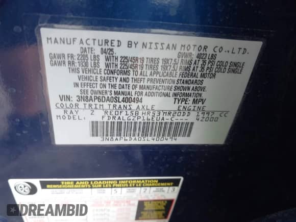 2025 Nissan Kicks SR с VIN 3N8AP6DA0SL400494, выставлен на аукционе IAAI как лот 43287580 с пробегом 4 874 миль миль и . История ставок и продаж доступна на DreamBid. Изображение 9.