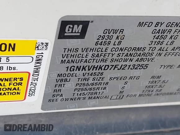 2015 Chevrolet Traverse LT with VIN 1GNKVHKD7FJ213255, listed as a IAAI auction lot 42850554 with 116,287 mi miles and . Bid and sale history available at DreamBid. Image 9.