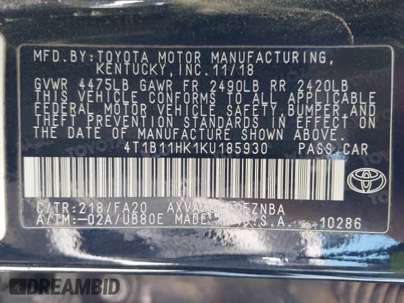 2019 Toyota Camry LE с VIN 4T1B11HK1KU185930, выставлен на аукционе IAAI как лот 43027742 с пробегом 151 805 миль миль и . История ставок и продаж доступна на DreamBid. Изображение 9.