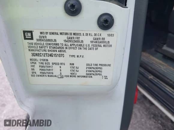 2004 Chevrolet Avalanche with VIN 3GNEC12T24G151070, listed as a IAAI auction lot 42833612 with 229,010 mi miles and . Bid and sale history available at DreamBid. Image 9.