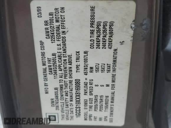 1999 Chevrolet S-10 LS с VIN 1GCCS19XXX8169080, выставлен на аукционе Copart как лот 54657295 с пробегом Не указан миль и Списание • Salvage title. История ставок и продаж доступна на DreamBid. Изображение 12.