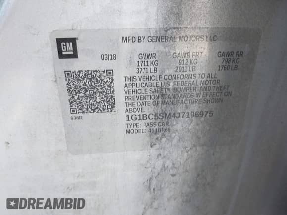 2018 Chevrolet Cruze LS z VIN 1G1BC5SM4J7196975, wystawiony jako IAAI lot #43259970 z przebiegiem 43 888 mil mil oraz . Historia ofert i sprzedaży dostępna na DreamBid. Obrazek 9.