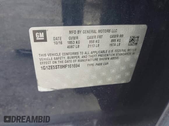 2017 Chevrolet Malibu LT с VIN 1G1ZE5ST8HF161694, выставлен на аукционе IAAI как лот 43062871 с пробегом 151 884 миль миль и . История ставок и продаж доступна на DreamBid. Изображение 9.