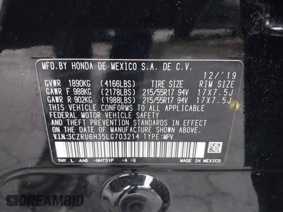 2020 Honda HR-V LX с VIN 3CZRU6H35LG703214, выставлен на аукционе IAAI как лот 42993730 с пробегом 80 187 миль миль и . История ставок и продаж доступна на DreamBid. Изображение 9.