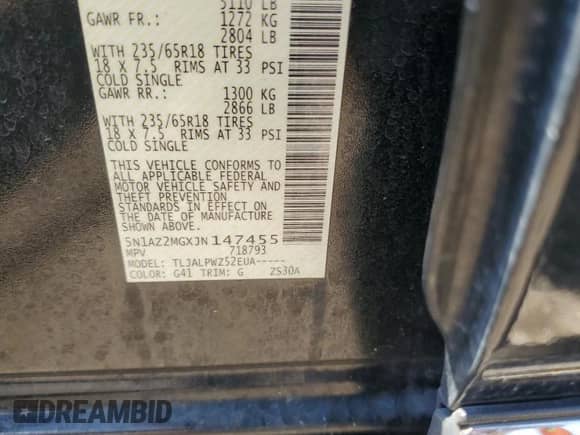 2018 Nissan Murano S z VIN 5N1AZ2MGXJN147455, wystawiony jako Copart lot #69590285 z przebiegiem 65 307 mil mil oraz Szkoda całkowita • Salvage title. Historia ofert i sprzedaży dostępna na DreamBid. Obrazek 12.