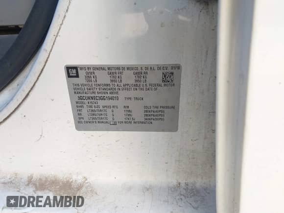 2016 Chevrolet Silverado 1500 Work Truck with VIN 3GCUKNEC3GG194010, listed as a IAAI auction lot 43462728 with 188,917 mi miles and . Bid and sale history available at DreamBid. Image 4.