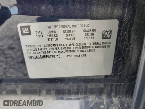 2015 Chevrolet Sonic LS с VIN 1G1JA5SH6F4130716, выставлен на аукционе Copart как лот 85156195 с пробегом 27 643 миль миль и Списание • Salvage title. История ставок и продаж доступна на DreamBid. Изображение 13.