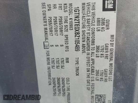 2011 GMC Sierra 1500 Work Truck z VIN 1GTN2TE0XBZ105489, wystawiony jako Copart lot #60277115 z przebiegiem 158 408 mil mil oraz Szkoda całkowita • Salvage title. Historia ofert i sprzedaży dostępna na DreamBid. Obrazek 12.