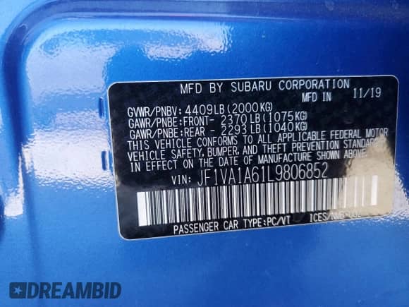 2020 Subaru WRX with VIN JF1VA1A61L9806852, listed as a Copart auction lot 66680175 with 49,864 mi miles and Salvage title. Bid and sale history available at DreamBid. Image 13.