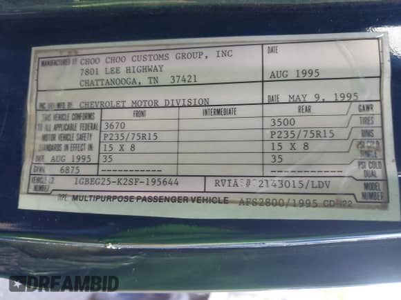 1995 Chevrolet Chevy Van с VIN 1GBEG25K2SF195644, выставлен на аукционе IAAI как лот 42207878 с пробегом 202 557 миль миль и . История ставок и продаж доступна на DreamBid. Изображение 9.