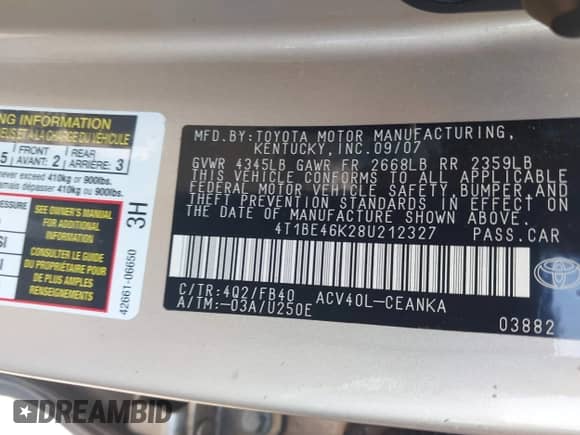 2008 Toyota Camry XLE with VIN 4T1BE46K28U212327, listed as a IAAI auction lot 42615091 with 157,206 mi miles and . Bid and sale history available at DreamBid. Image 9.