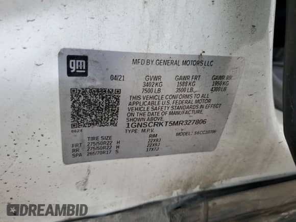 2021 Chevrolet Tahoe with VIN 1GNSCRKT5MR327806, listed as a Copart auction lot 45908085 with 83,139 mi miles and Salvage title. Bid and sale history available at DreamBid. Image 13.