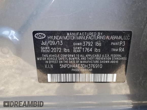 2013 Hyundai Elantra GLS z VIN 5NPDH4AE3DH376910, wystawiony jako Copart lot #81905555 z przebiegiem 99 526 mil mil oraz Szkoda całkowita • Salvage title. Historia ofert i sprzedaży dostępna na DreamBid. Obrazek 13.