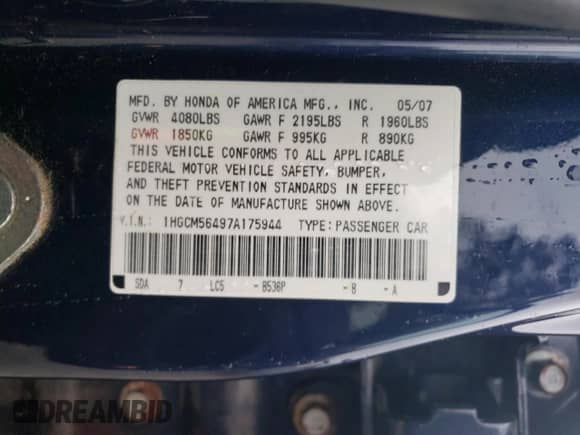 2007 Honda Accord LX z VIN 1HGCM56497A175944, wystawiony jako Copart lot #85815715 z przebiegiem 111 712 mil mil oraz Czysty tytuł • Clean title. Historia ofert i sprzedaży dostępna na DreamBid. Obrazek 12.