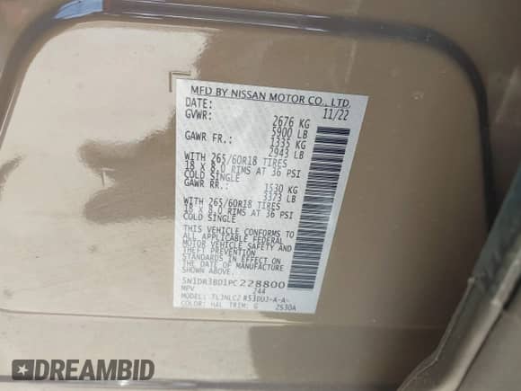 2023 Nissan Pathfinder Rock Creek with VIN 5N1DR3BD1PC228800, listed as a IAAI auction lot 42119090 with Not provided miles and . Bid and sale history available at DreamBid. Image 9.