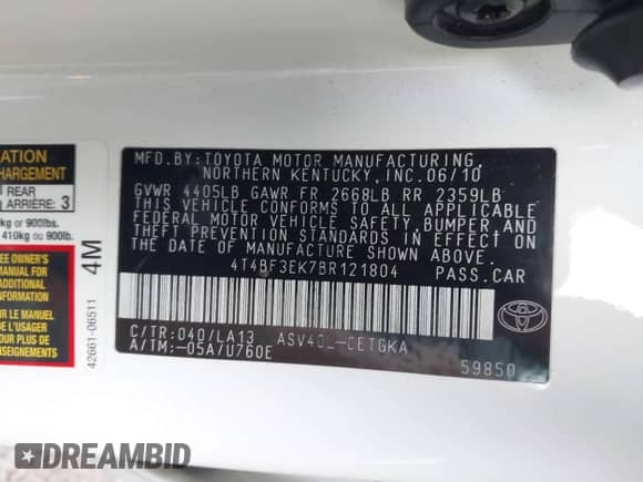 2011 Toyota Camry LE z VIN 4T4BF3EK7BR121804, wystawiony jako IAAI lot #43501491 z przebiegiem 82 376 mil mil oraz . Historia ofert i sprzedaży dostępna na DreamBid. Obrazek 9.