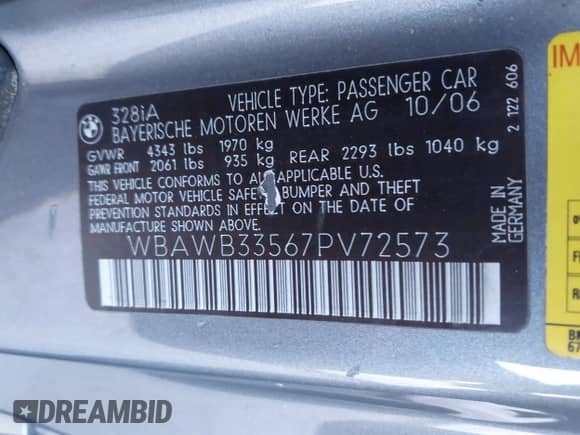 2007 BMW 3 Series 328i with VIN WBAWB33567PV72573, listed as a IAAI auction lot 41302455 with 136,959 mi miles and . Bid and sale history available at DreamBid. Image 9.