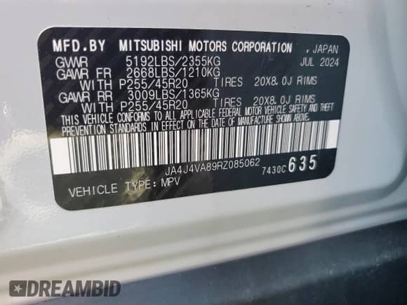2024 Mitsubishi Outlander SE with VIN JA4J4VA89RZ085062, listed as a Copart auction lot 66989145 with 7,097 mi miles and Salvage title. Bid and sale history available at DreamBid. Image 13.