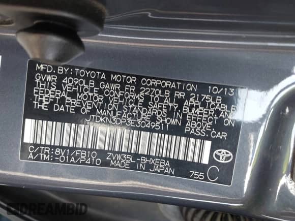 2014 Toyota Prius with VIN JTDKN3DP3E3049511, listed as a IAAI auction lot 42805089 with 109,404 mi miles and . Bid and sale history available at DreamBid. Image 9.